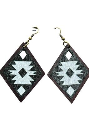 Plunder Bea Earrings Geometric Diamond Wooden Drop Tribal Aztec Geometric Boho